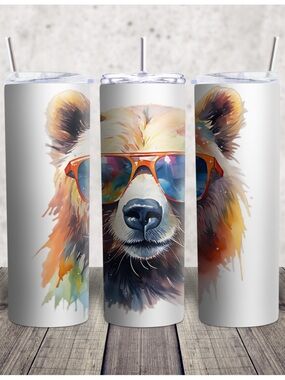 Bear with Sunglasses Stainless Steel Travel Tumbler - White